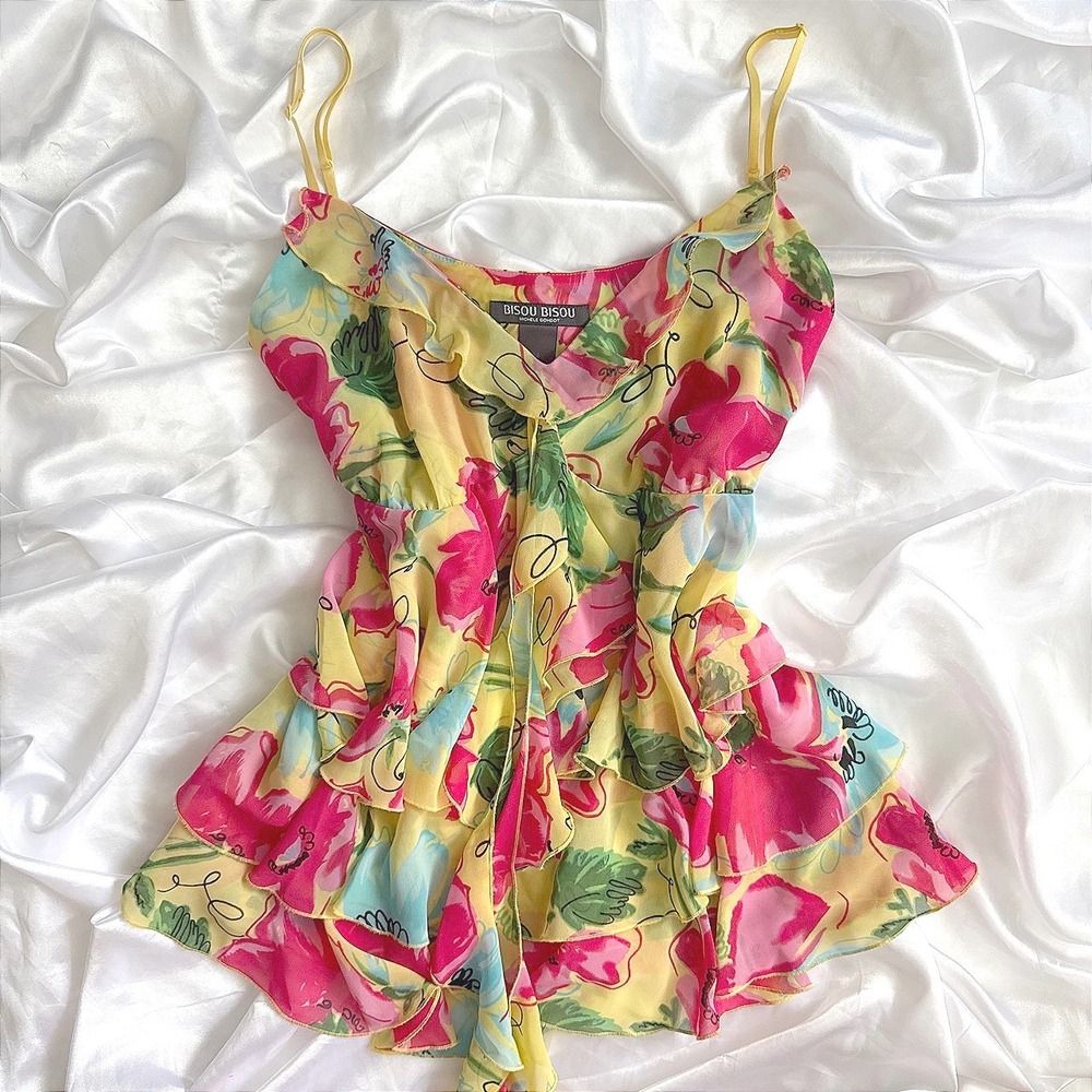 Bisou Bisou Michele Bohbot Floral Ruffle Tiered Camisole Top Yellow Pink Size 14